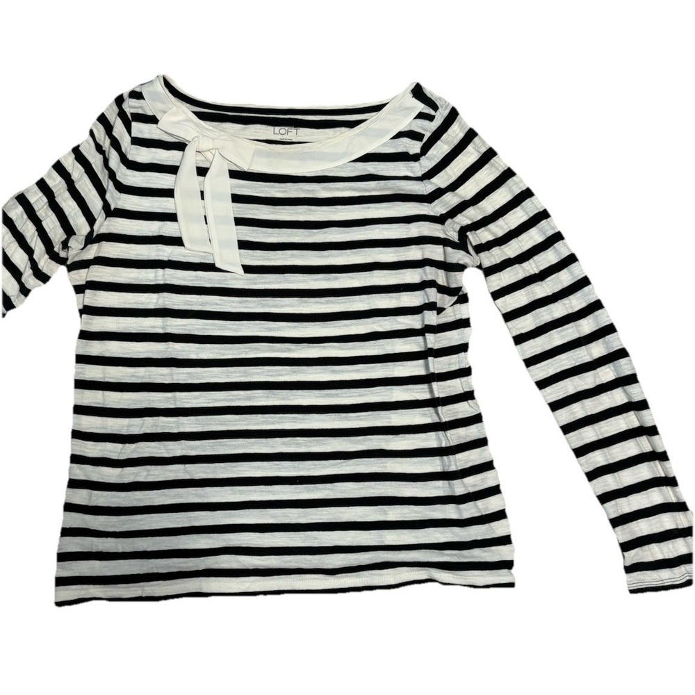 Loft Womens Blouse Top Large White Black Stripe Pullover, Cotton, Bow, Long Slv